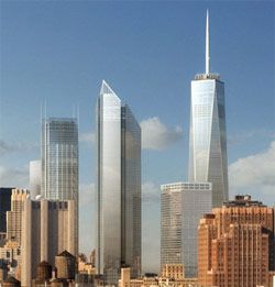 Rendering of the future World Trade Center buildings; 1 WTC is the tallest building, at right